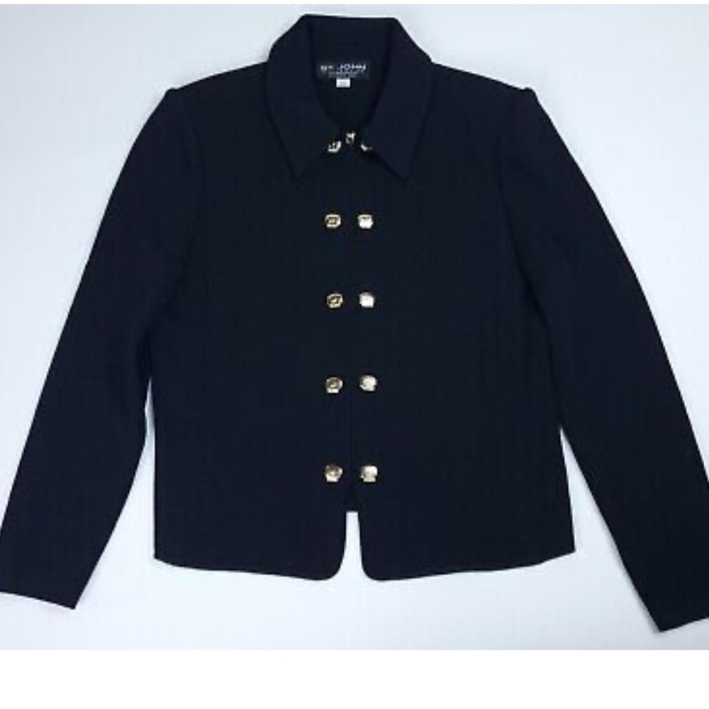 St.John Collection by Marie Gray Black ZipUp Blazer Jacket Gold Accents Size 2